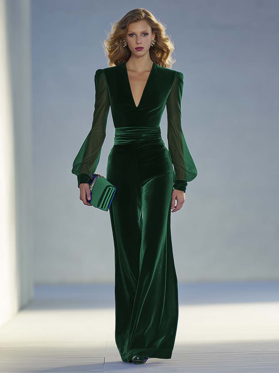 Anastasia - Elegant Royal Blue Velvet Jumpsuit with Mesh Sleeves