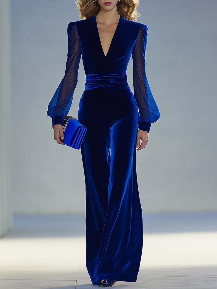 Anastasia - Elegant Royal Blue Velvet Jumpsuit with Mesh Sleeves