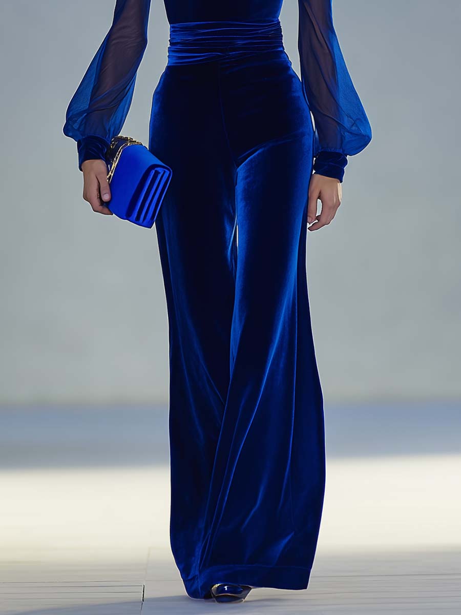 Anastasia - Elegant Royal Blue Velvet Jumpsuit with Mesh Sleeves
