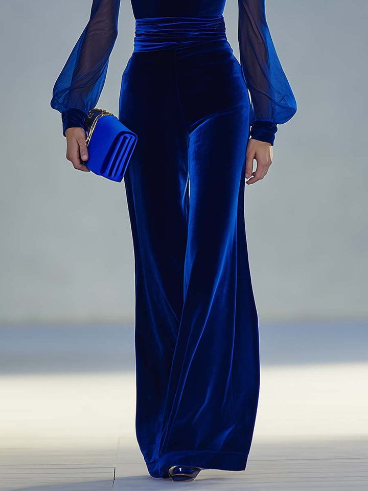Anastasia - Elegant Royal Blue Velvet Jumpsuit with Mesh Sleeves