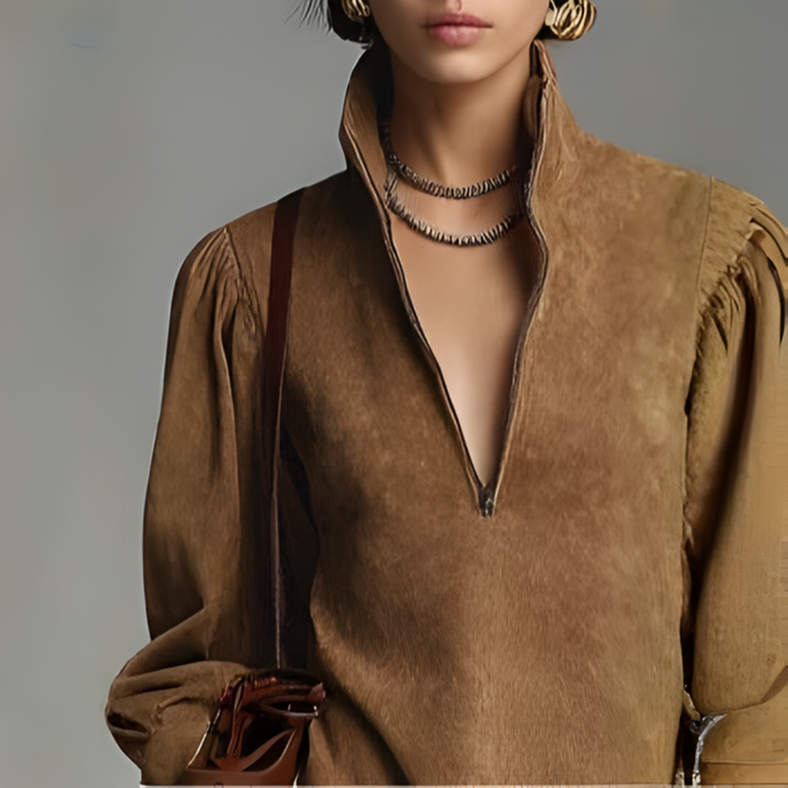 Brown Loose Suede Mini Dress with Zipper and Turtleneck