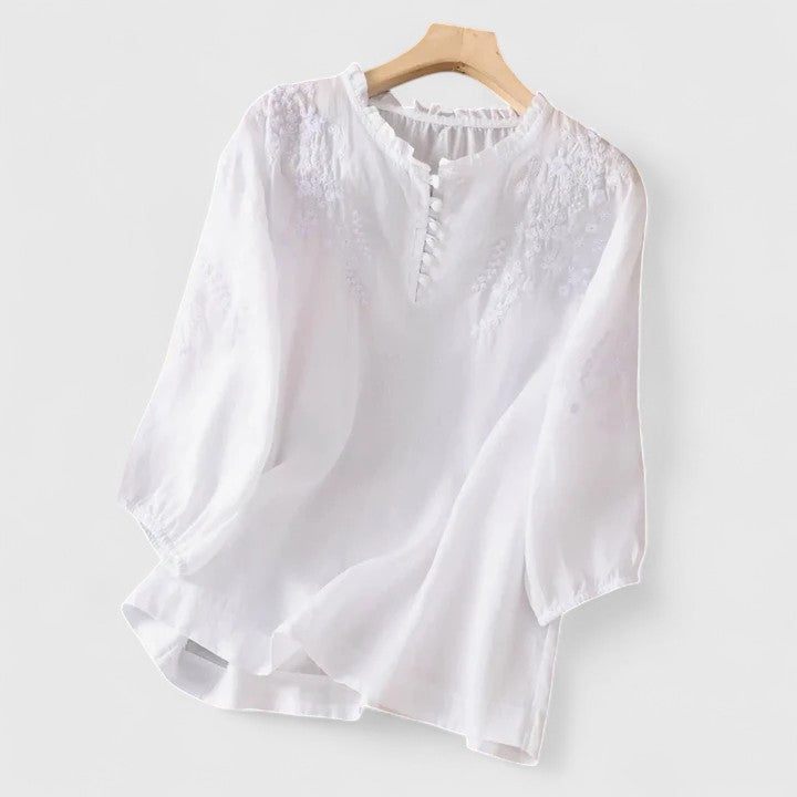 Janet™ – Embroidered Button-Front Blouse with Timeless Elegance