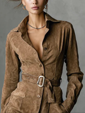 Suede Double-Breasted Lapel Long Sleeve Midi Dress