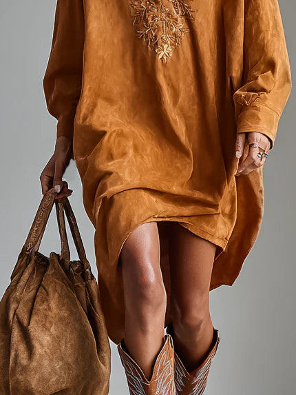 Loose Reversible V-Neck Printed Long Sleeve Midi Dress