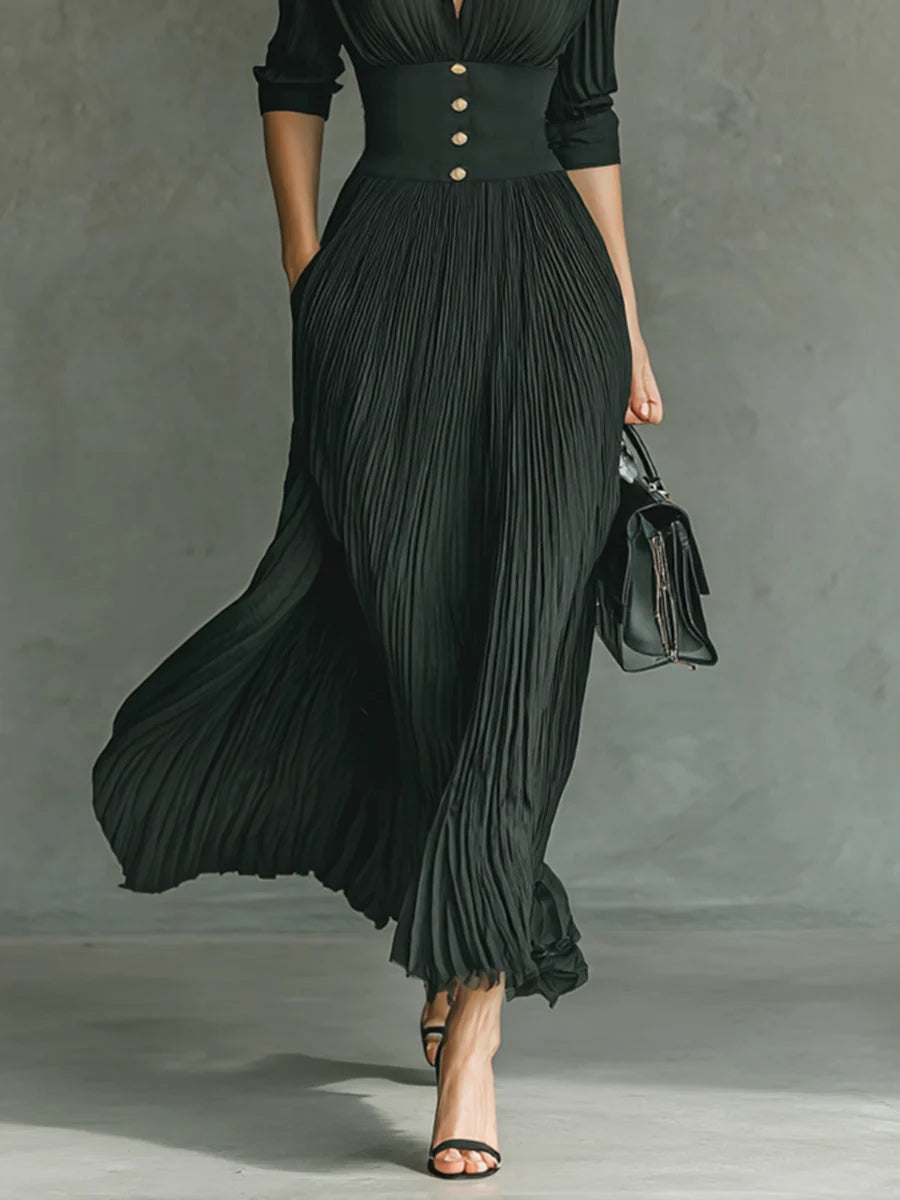 Elegant, Pleated Lapel-Tailored Maxi Dress with Long Sleeves