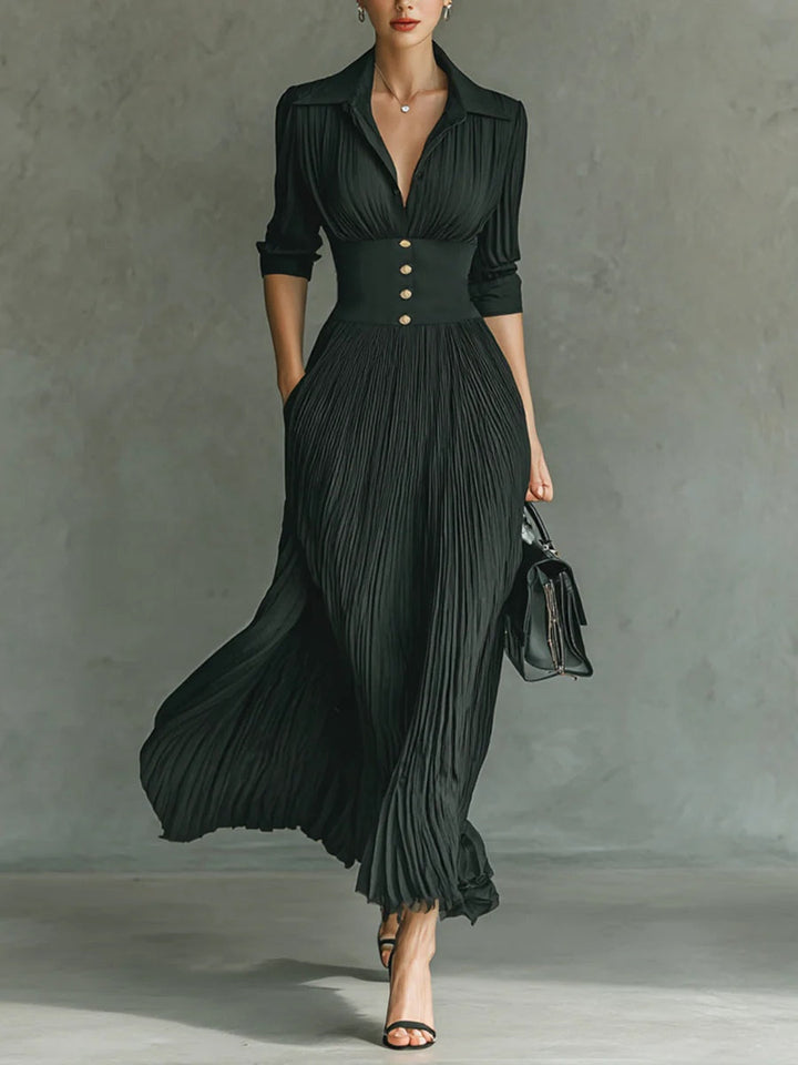 Elegant, Pleated Lapel-Tailored Maxi Dress with Long Sleeves