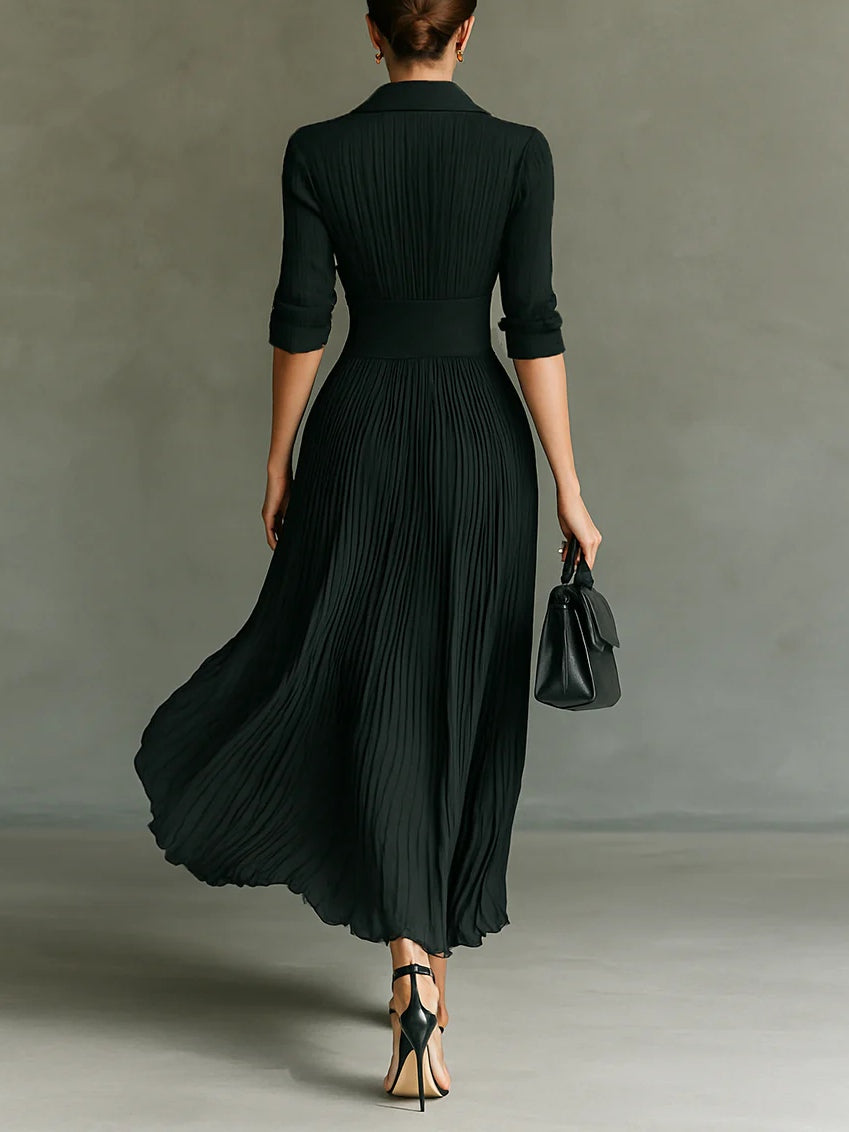 Elegant, Pleated Lapel-Tailored Maxi Dress with Long Sleeves