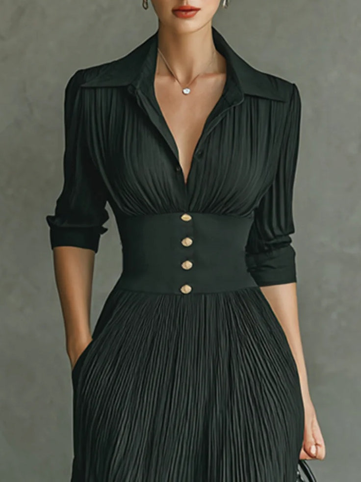 Elegant, Pleated Lapel-Tailored Maxi Dress with Long Sleeves