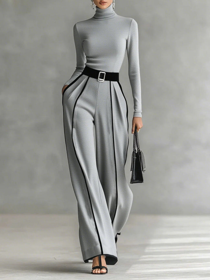 White Trim High-Neck Long Sleeve Top with Wide-Leg Pants and Belt Set