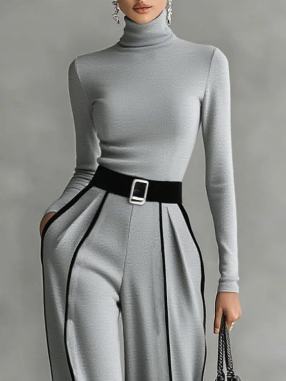 White Trim High-Neck Long Sleeve Top with Wide-Leg Pants and Belt Set