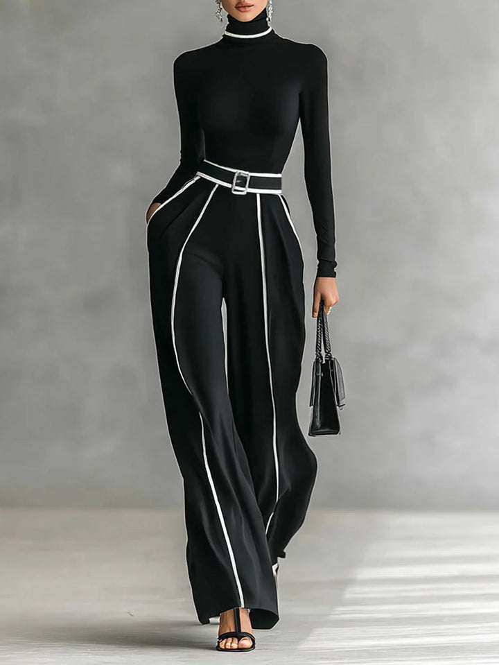 White Trim High-Neck Long Sleeve Top with Wide-Leg Pants and Belt Set