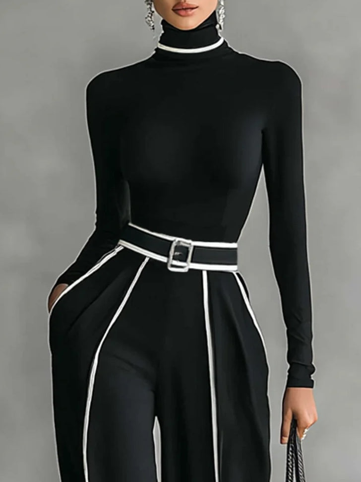 White Trim High-Neck Long Sleeve Top with Wide-Leg Pants and Belt Set