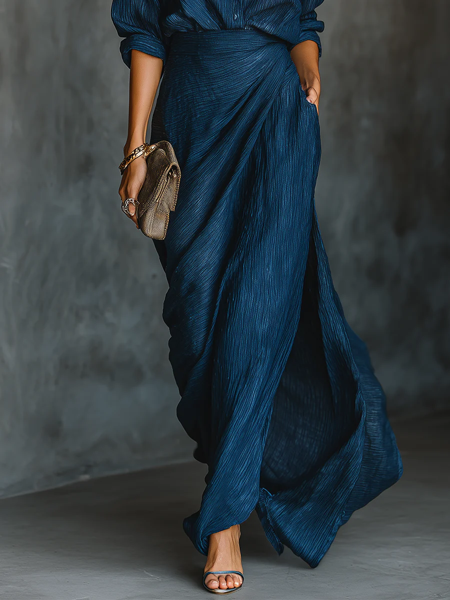 Elegant Dark Blue Cotton-Linen Blend Shirt Long Skirt Set