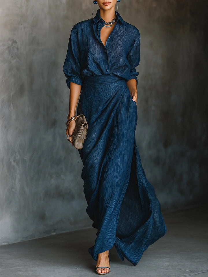 Elegant Dark Blue Cotton-Linen Blend Shirt Long Skirt Set