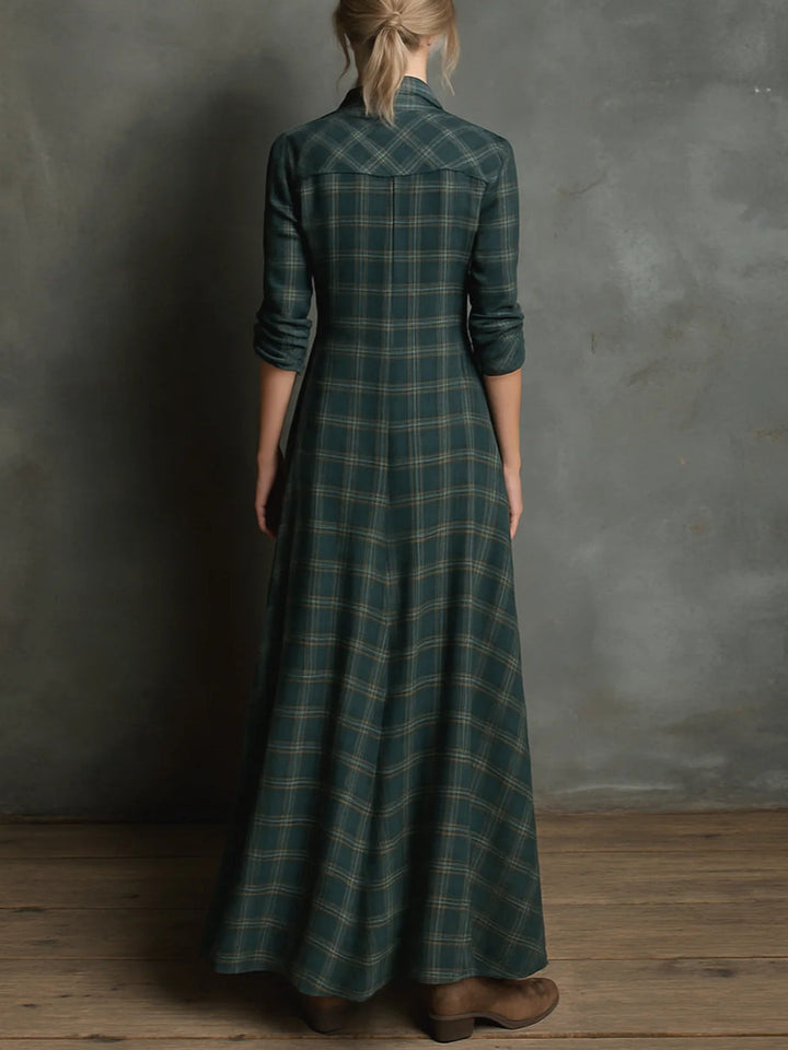 Green Check Pattern Lapel Single-Breasted Shirt Maxi Dress