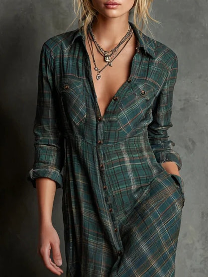 Green Check Pattern Lapel Single-Breasted Shirt Maxi Dress