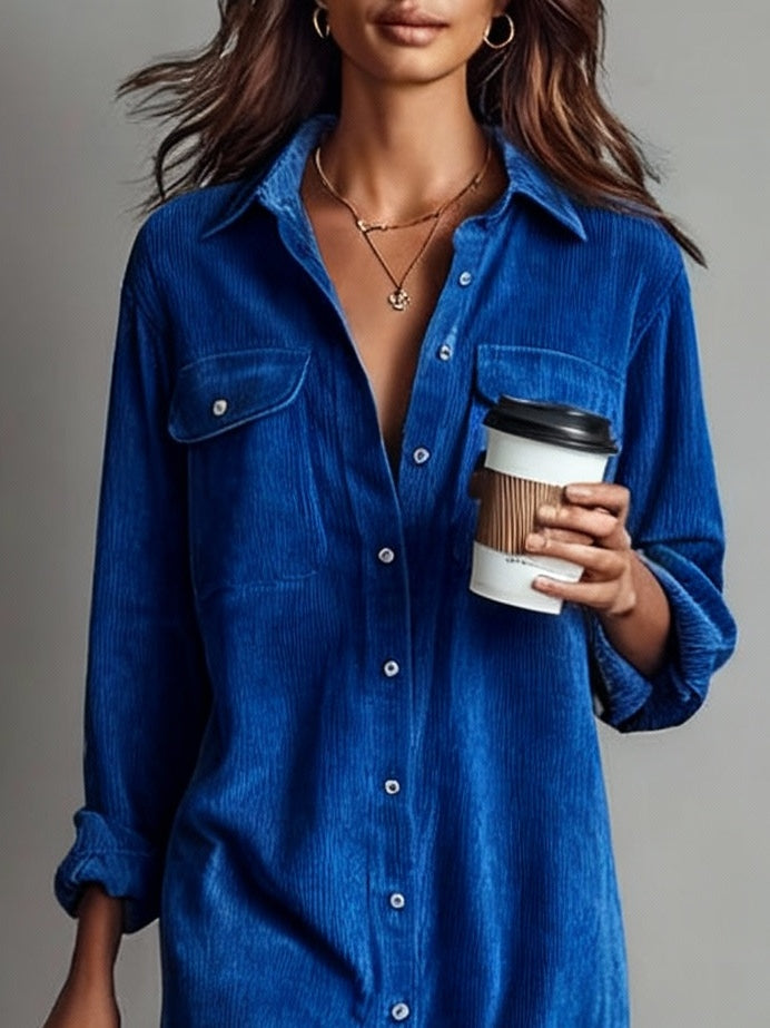 Loose Corduroy Double Breast Pocket Midi Dress with Single Button Closure