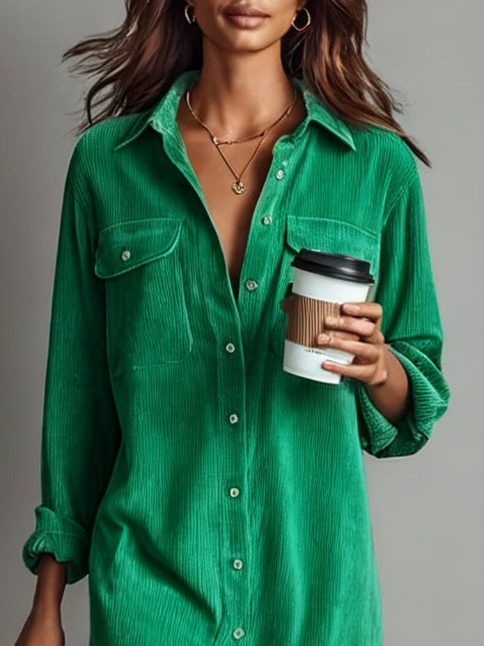 Loose Corduroy Double Breast Pocket Midi Dress with Single Button Closure