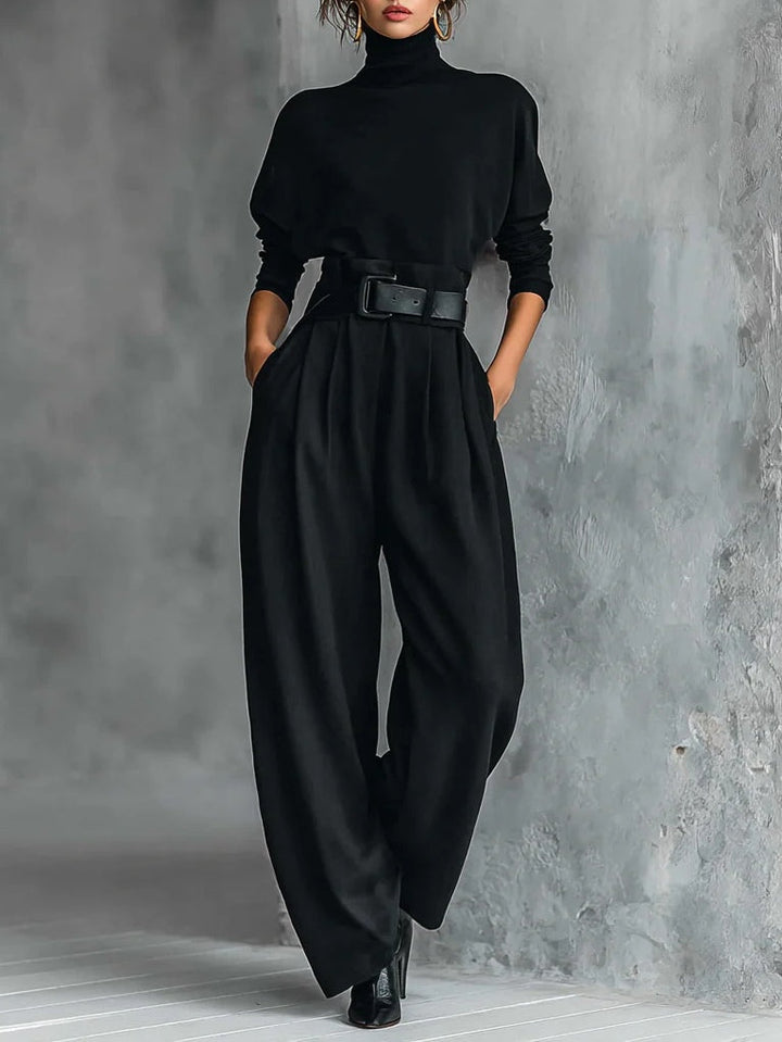 Black Turtleneck Long Sleeve T-Shirt and Straight Pants Two-Piece Set (including Belt)