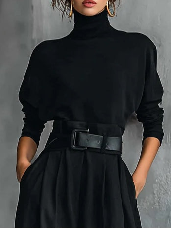 Black Turtleneck Long Sleeve T-Shirt and Straight Pants Two-Piece Set (including Belt)