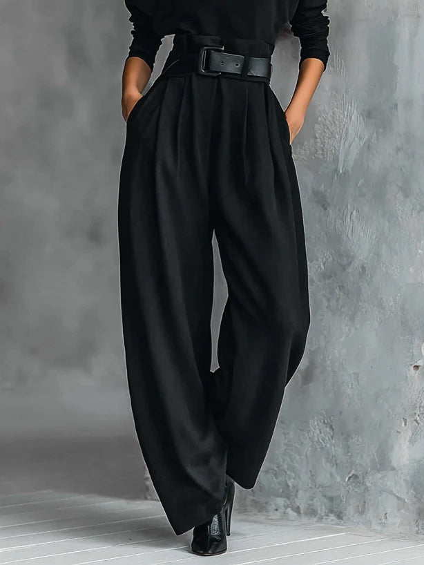 Black Turtleneck Long Sleeve T-Shirt and Straight Pants Two-Piece Set (including Belt)