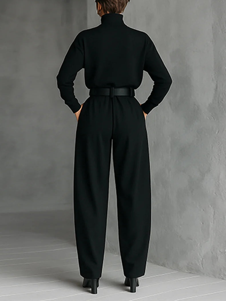 Black Turtleneck Long Sleeve T-Shirt and Straight Pants Two-Piece Set (including Belt)