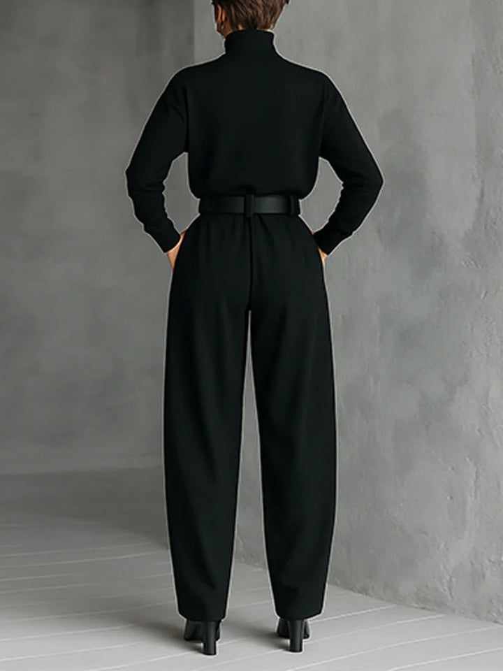 Black Turtleneck Long Sleeve T-Shirt and Straight Pants Two-Piece Set (including Belt)