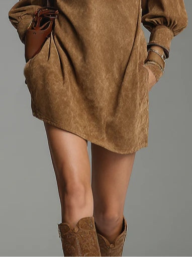 Brown Loose Suede Mini Dress with Zipper and Turtleneck