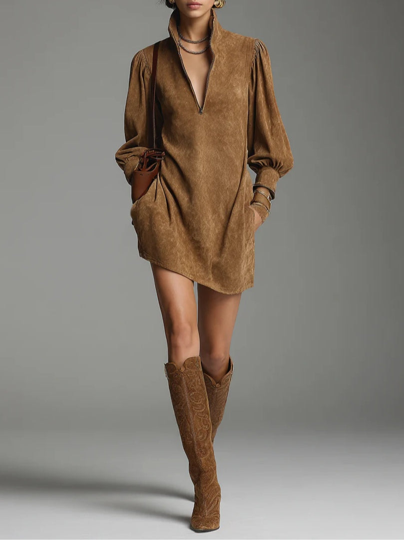 Brown Loose Suede Mini Dress with Zipper and Turtleneck