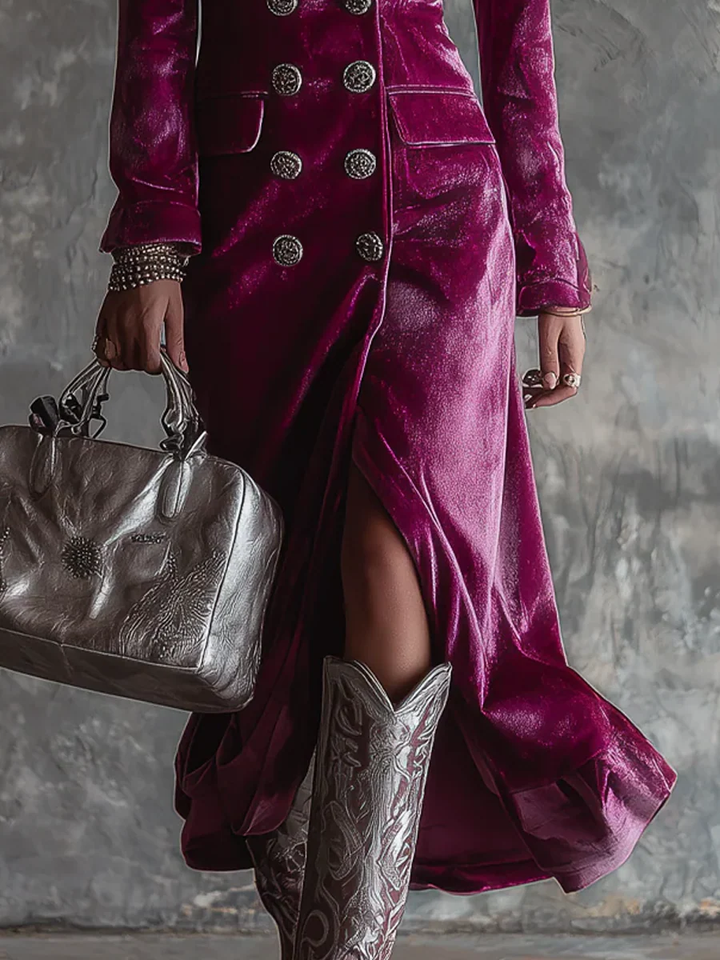 Lila Button-Down Velvet Long Blazer Maxi Dress