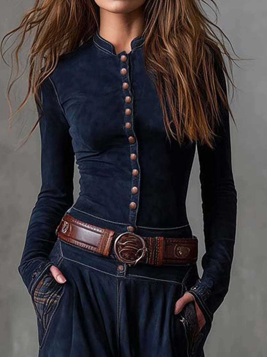 Lorena - Vintage Long Suede Dress in Navy Checkered (including Belt)