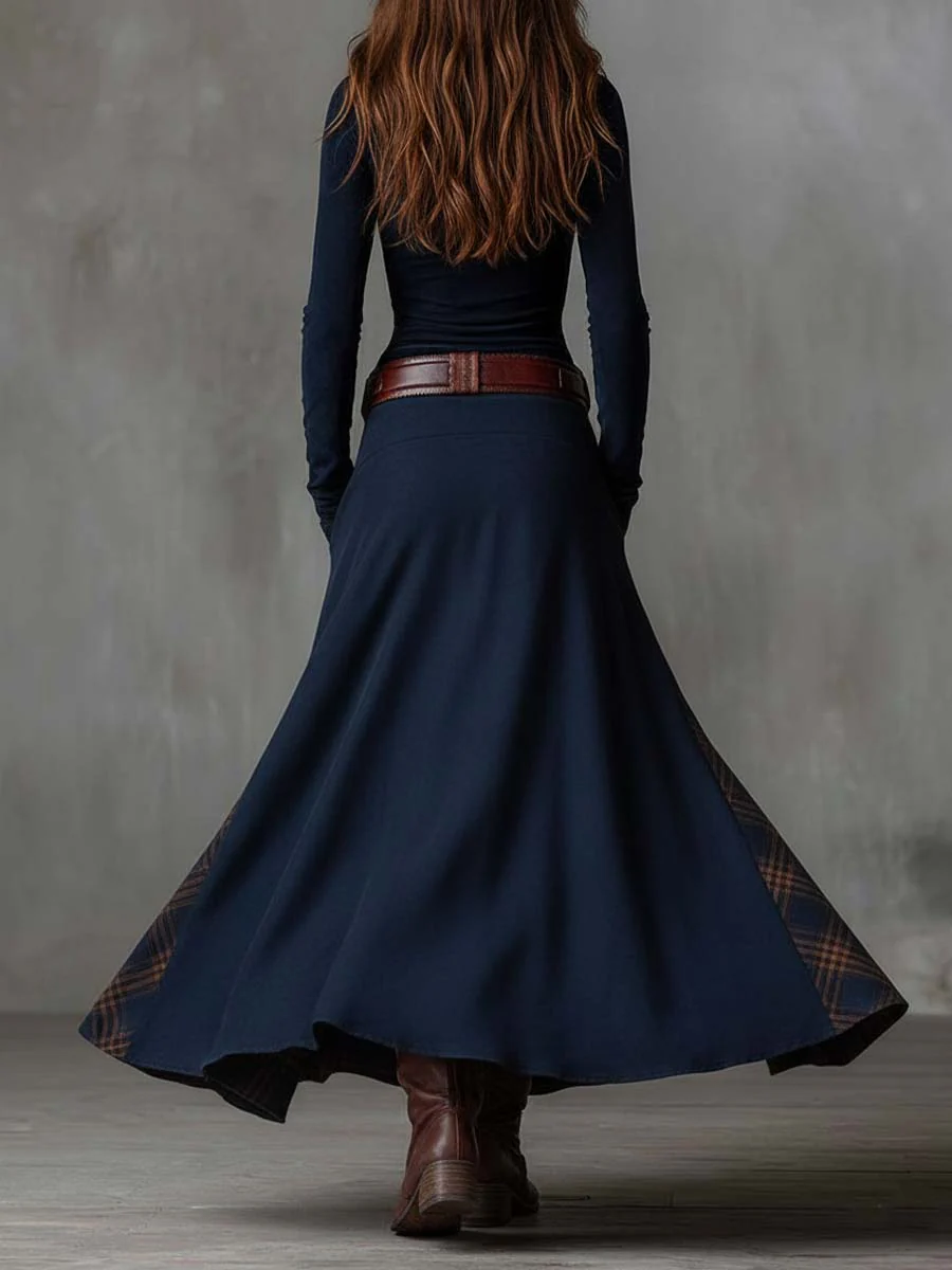 Lorena - Vintage Long Suede Dress in Navy Checkered (including Belt)