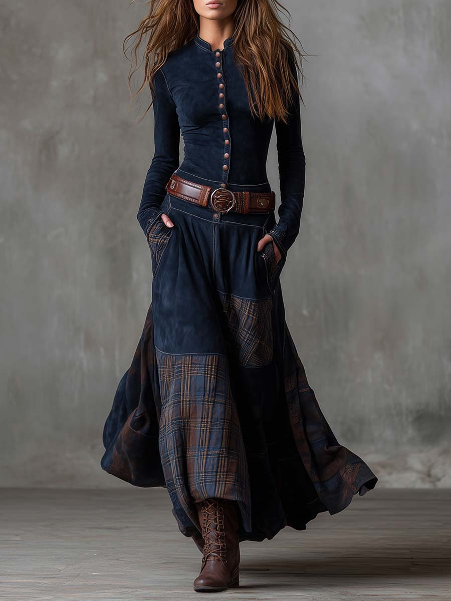 Lorena - Vintage Long Suede Dress in Navy Checkered (including Belt)