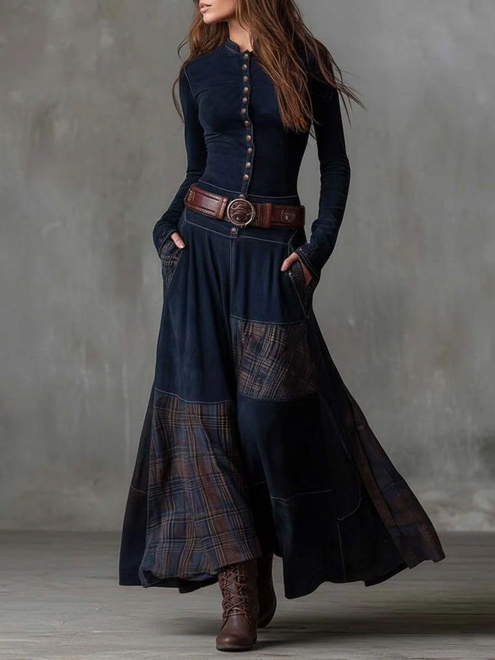 Lorena - Vintage Long Suede Dress in Navy Checkered (including Belt)