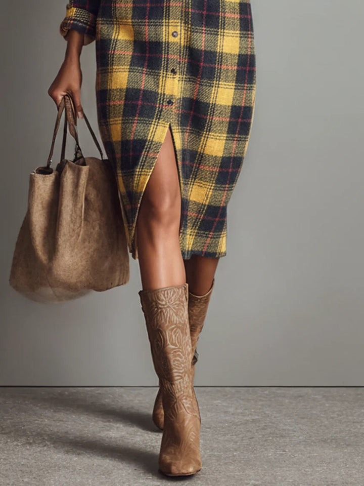 Flannel Check Long Sleeve Midi Dress