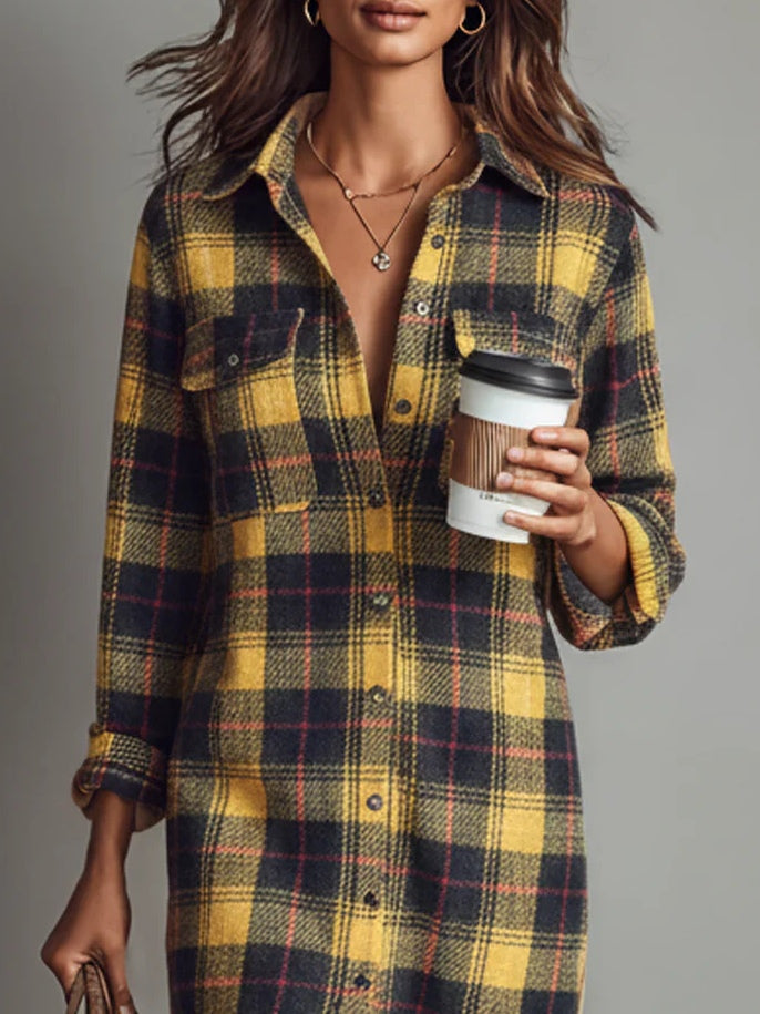 Flannel Check Long Sleeve Midi Dress