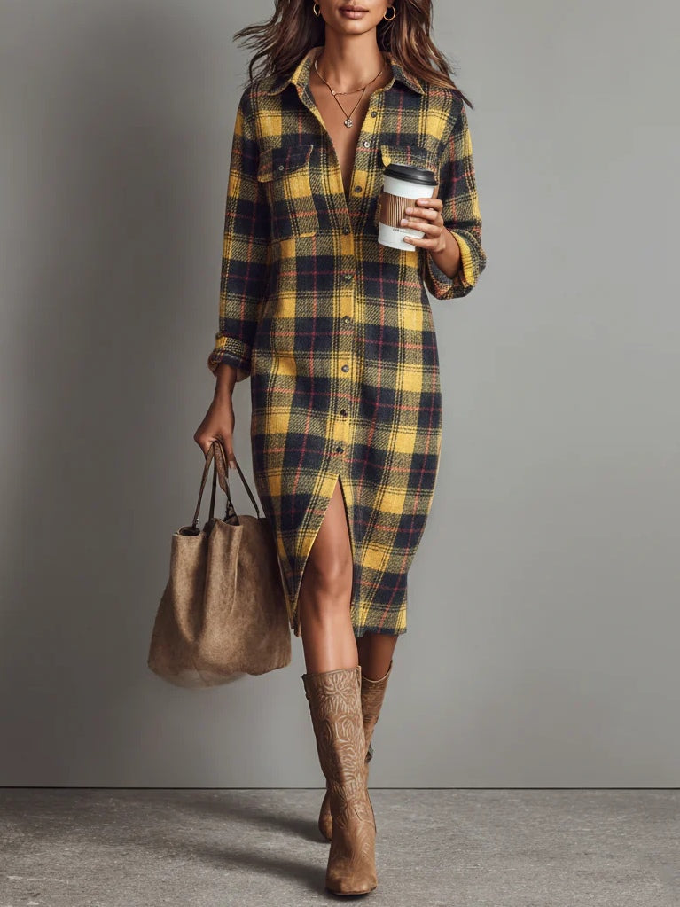 Flannel Check Long Sleeve Midi Dress